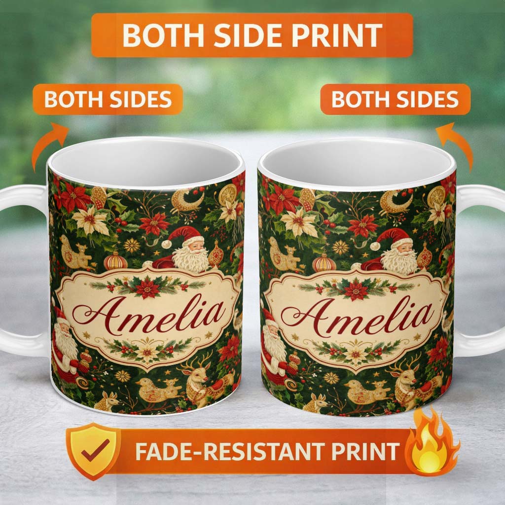 Personalized Custom Name Vintage Santa Claus Reindeer Poinsettia Seamless Pattern Festive 11oz Ceramic Coffee Tea Mug White Large Handle