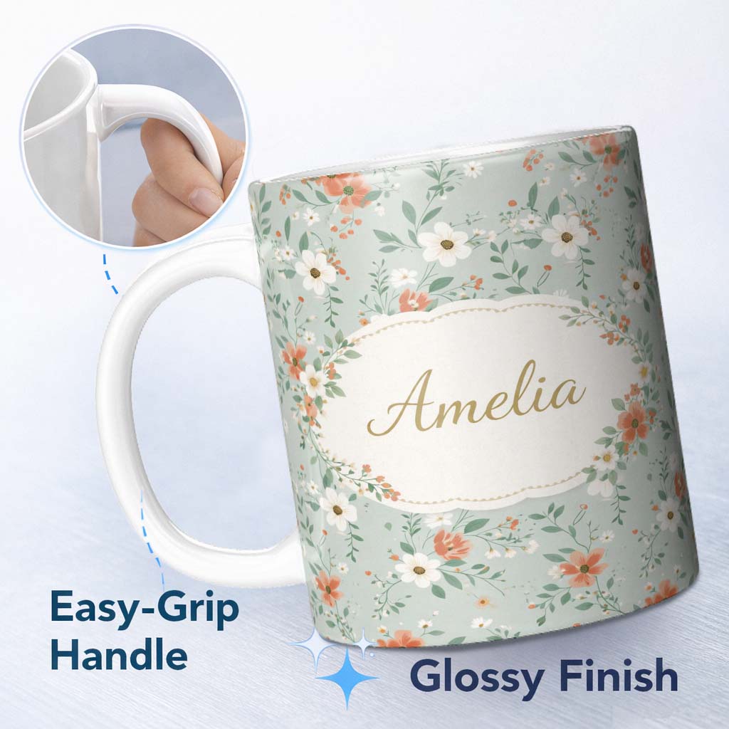 Personalized Custom Name Wildflower Orange and White Floral Pattern Sage Background Seamless 11oz Ceramic Coffee Tea Mug White Large Handle