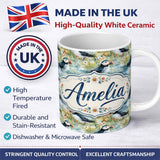 Personalized Custom Name Vintage Puffin Bird and Floral Pattern Botanical Coastal Seamless 11oz Ceramic Coffee Tea Mug White Large Handle