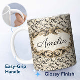 Personalized Custom Name Black Gold Elegant Damask Seamless Pattern Luxury Ornamental Classic 11oz Ceramic Coffee Tea Mug White Large Handle