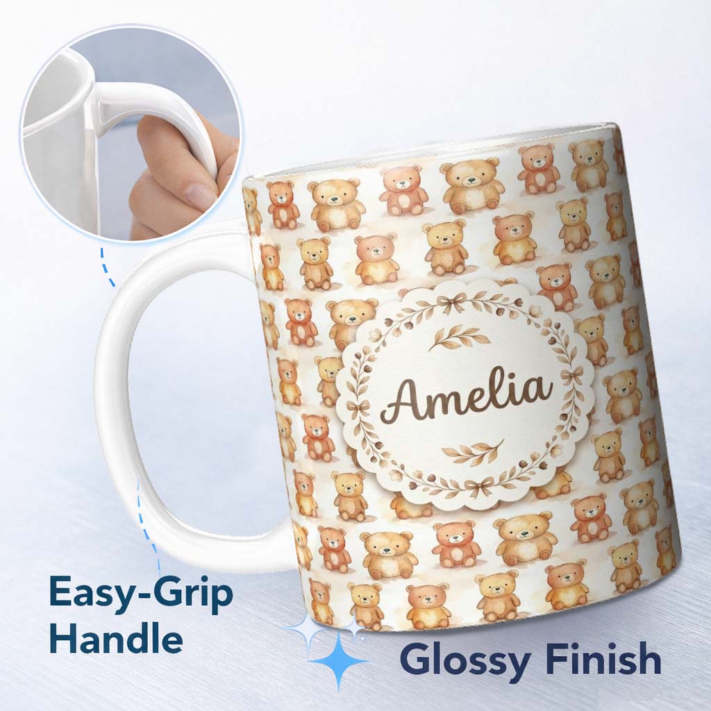 Personalized Custom Name Watercolor Cute Teddy Bear Soft Pastel Seamless Pattern Lovely 11oz Ceramic Coffee Tea Mug White Large Handle