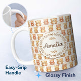 Personalized Custom Name Watercolor Cute Teddy Bear Soft Pastel Seamless Pattern Lovely 11oz Ceramic Coffee Tea Mug White Large Handle