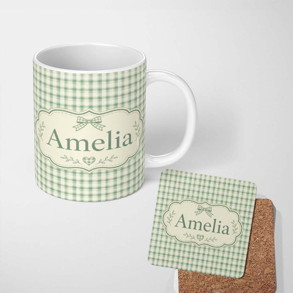 Personalized Custom Name Green and Cream Plaid Check Texture Seamless Pattern Lovely 11oz Ceramic Coffee Tea Mug White Large Handle