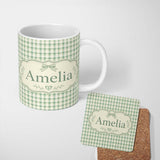 Personalized Custom Name Green and Cream Plaid Check Texture Seamless Pattern Lovely 11oz Ceramic Coffee Tea Mug White Large Handle