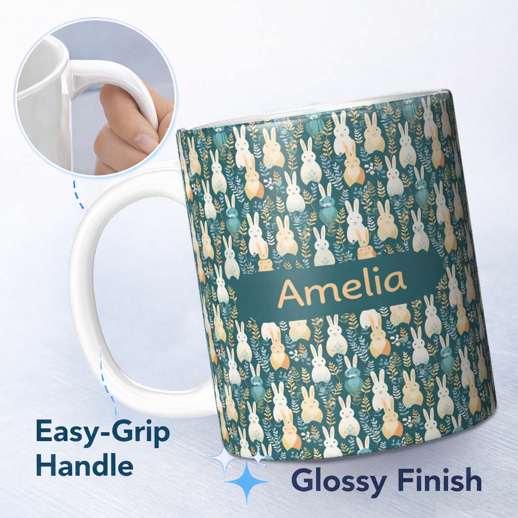 Personalized Custom Name Cute Pastel Bunny Botanical Folk Art Seamless Pattern Lovely 11oz Ceramic Coffee Tea Mug White Large Handle