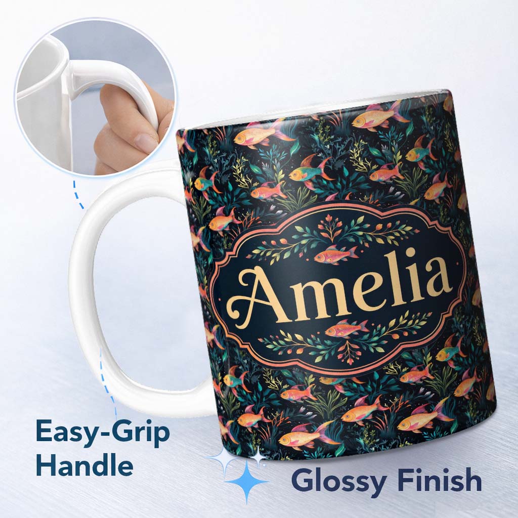 Personalized Custom Name Vibrant Coral Reef Fish Pattern with Detailed Marine Plants on Navy 11oz Ceramic Coffee Tea Mug White Large Handle