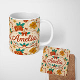 Personalized Custom Name Cute Gingerbread Candy Cane Holly Berry Seamless Pattern Lovely 11oz Ceramic Coffee Tea Mug White Large Handle