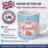 Personalized Custom Name Cute Christmas Festive Stickers Gingerbread House Tree Blue Stripe 11oz Ceramic Coffee Tea Mug White Large Handle