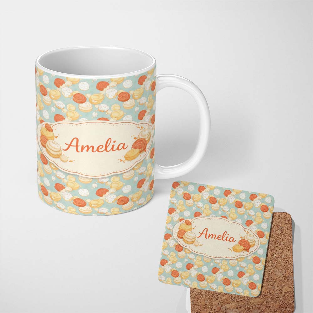 Personalized Custom Name Vintage Dessert Plate Cake Tea Seamless Pattern Perfect Gift for Her 11oz Ceramic Coffee Tea Mug White Large Handle