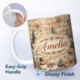 Personalized Custom Name Winter Snowman Christmas Trees Music Notes Seamless Pattern Lovely 11oz Ceramic Coffee Tea Mug White Large Handle