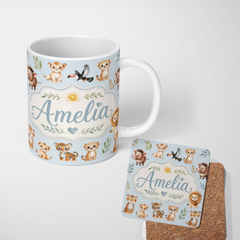 Personalized Custom Name Baby Safari Animals Leopard Tiger Lion on Pastel Blue Seamless 11oz Ceramic Coffee Tea Mug White Large Handle