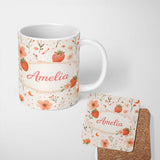 Personalized Custom Name Strawberry and Floral Cute Summer Pattern Charming Kitchen Decor 11oz Ceramic Coffee Tea Mug White Large Handle