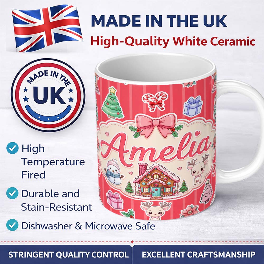 Personalized Custom Name Cute Christmas Festive Stickers Gingerbread House Tree Red Stripe 11oz Ceramic Coffee Tea Mug White Large Handle