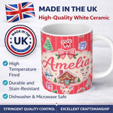 Personalized Custom Name Cute Christmas Festive Stickers Gingerbread House Tree Red Stripe 11oz Ceramic Coffee Tea Mug White Large Handle