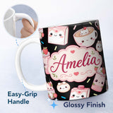 Personalized Custom Name Cute Kawaii Cute Drinks And Dessert Characters Seamless Pattern 11oz Ceramic Coffee Tea Mug White Large Handle