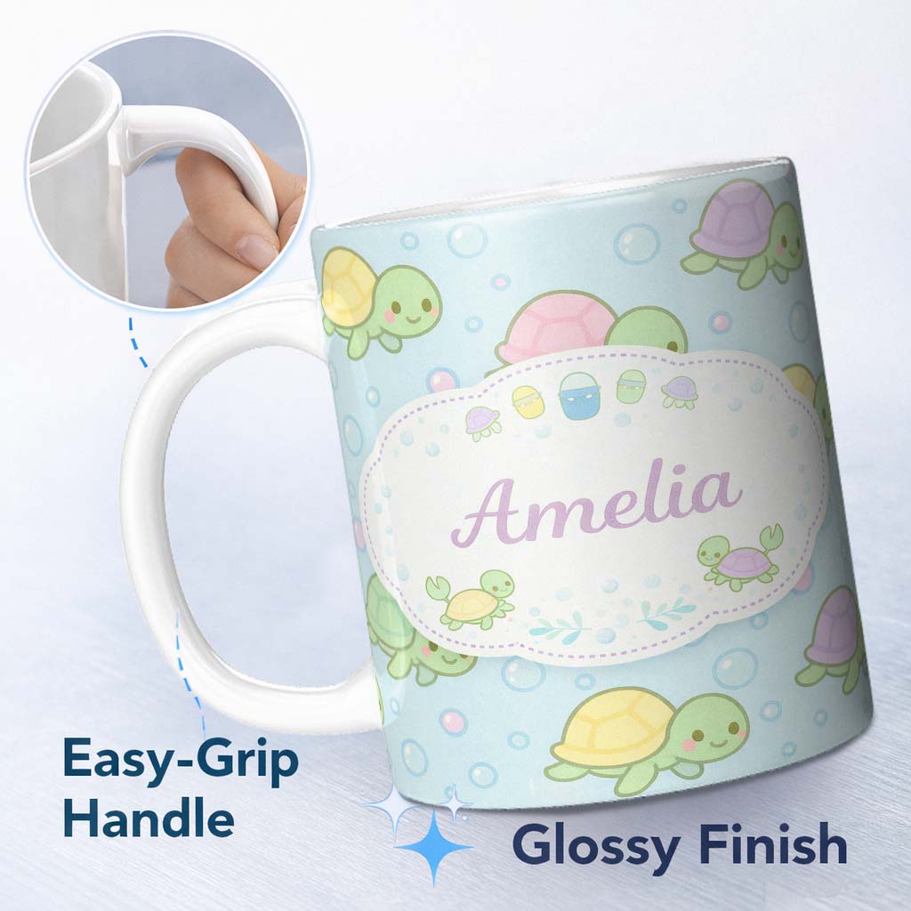 Personalized Custom Name Cute Pastel Turtle Cartoon Animal Ocean Pattern Beautiful Coffee Cup 11oz Ceramic Coffee Tea Mug White Large Handle