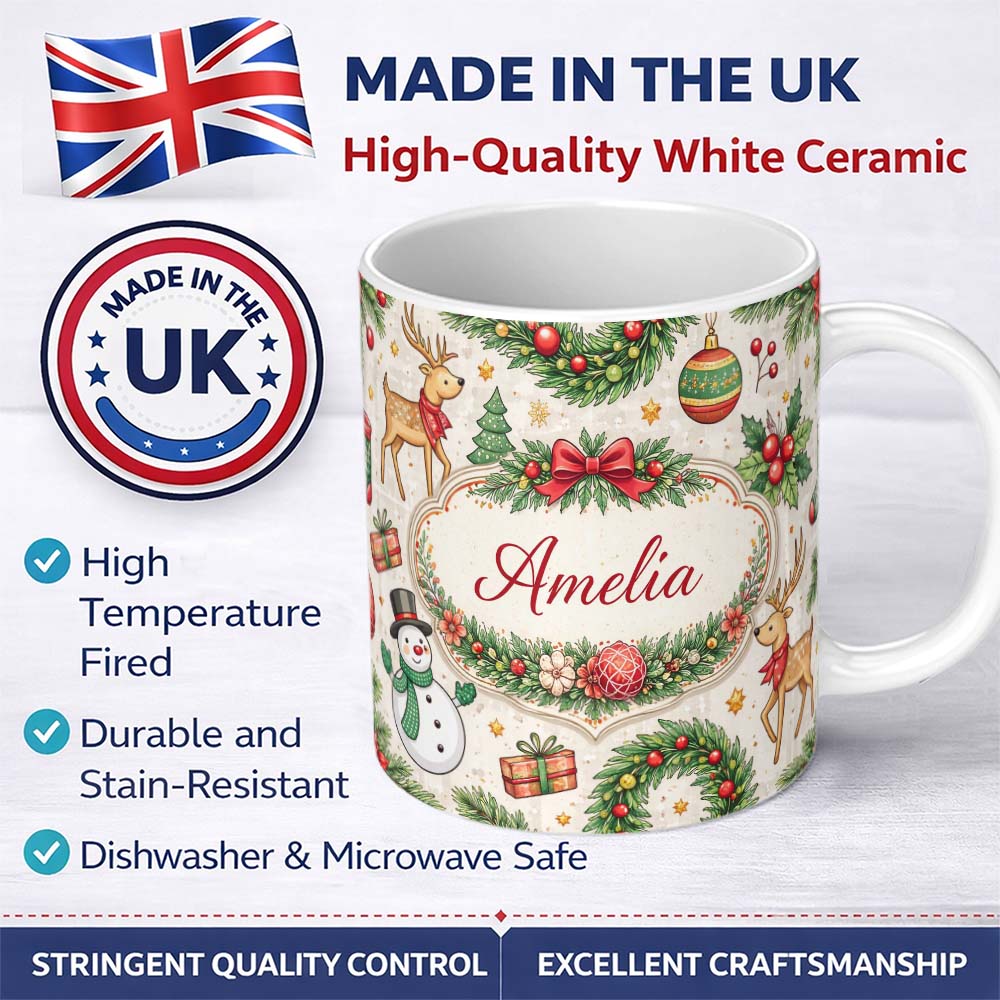 Personalized Custom Name Classic Christmas Plaid Tree Reindeer Seamless Pattern Lovely 11oz Ceramic Coffee Tea Mug White Large Handle