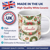 Personalized Custom Name Classic Christmas Plaid Tree Reindeer Seamless Pattern Lovely 11oz Ceramic Coffee Tea Mug White Large Handle