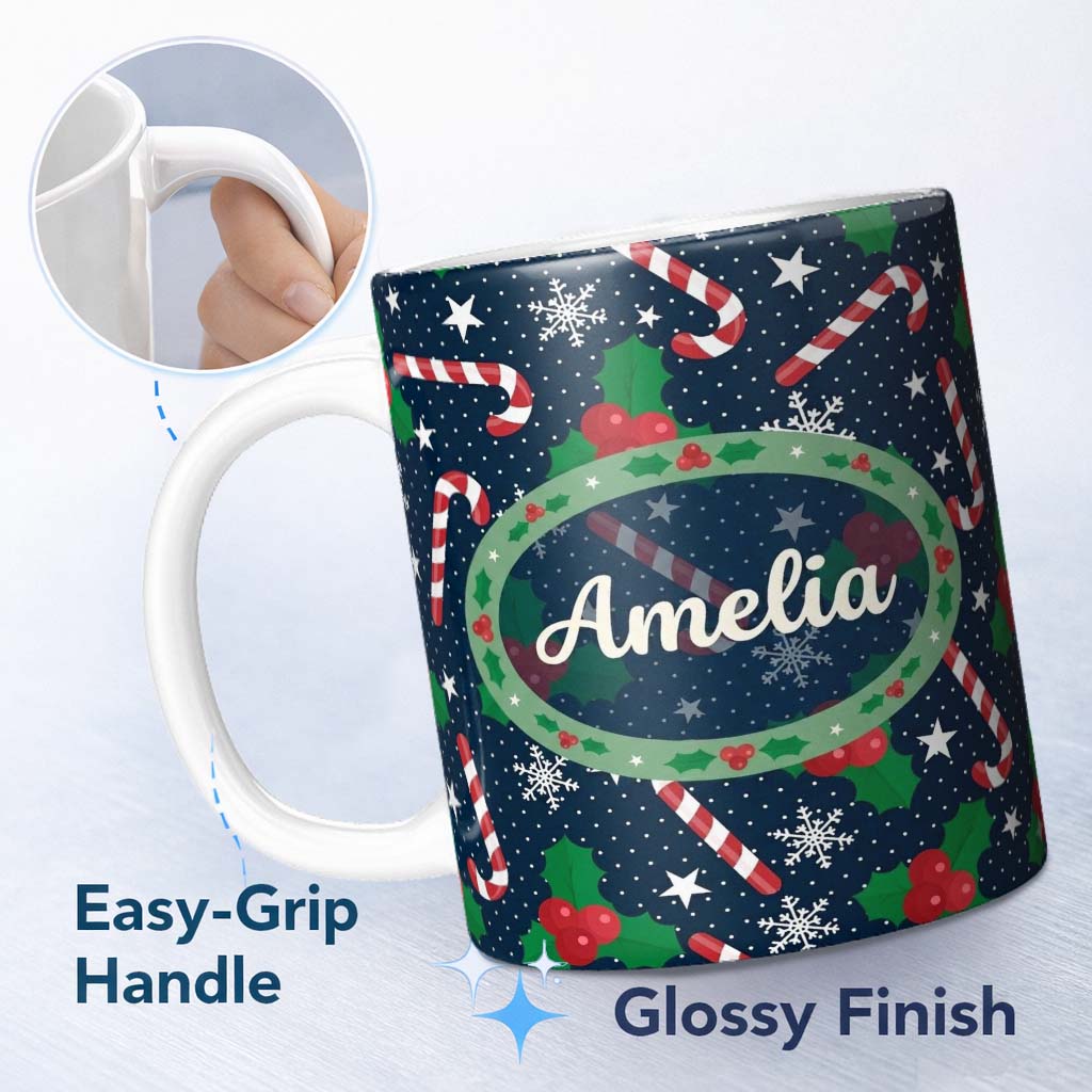 Personalized Custom Name Dark Winter Candy Cane Holly Snowflake Night Seamless Pattern Lovely 11oz Ceramic Coffee Tea Mug White Large Handle