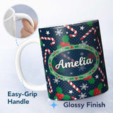 Personalized Custom Name Dark Winter Candy Cane Holly Snowflake Night Seamless Pattern Lovely 11oz Ceramic Coffee Tea Mug White Large Handle