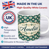 Personalized Custom Name Elegant White Floral Lattice on Teal Geometric Background Seamless 11oz Ceramic Coffee Tea Mug White Large Handle