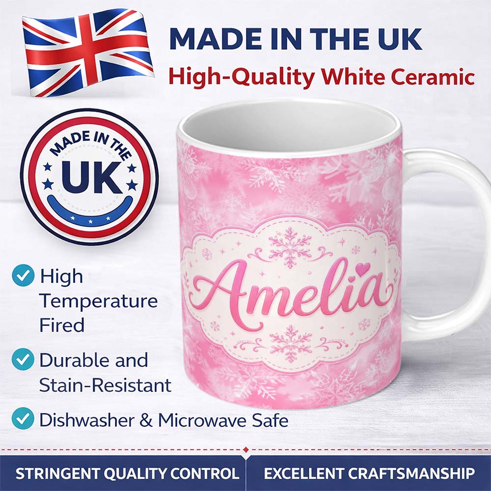 Personalized Custom Name Soft Pink Winter Snowflakes Dreamy Glow Seamless Pattern Lovely 11oz Ceramic Coffee Tea Mug White Large Handle