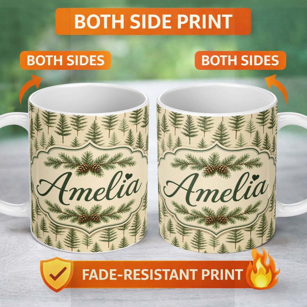 Personalized Custom Name Pine Sprig Pattern on Warm Neutral Background Thoughtful Gift Idea 11oz Ceramic Coffee Tea Mug White Large Handle