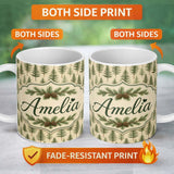 Personalized Custom Name Pine Sprig Pattern on Warm Neutral Background Thoughtful Gift Idea 11oz Ceramic Coffee Tea Mug White Large Handle