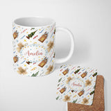 Personalized Custom Name Rustic Christmas Angel House Tree Stars Seamless Pattern Lovely 11oz Ceramic Coffee Tea Mug White Large Handle