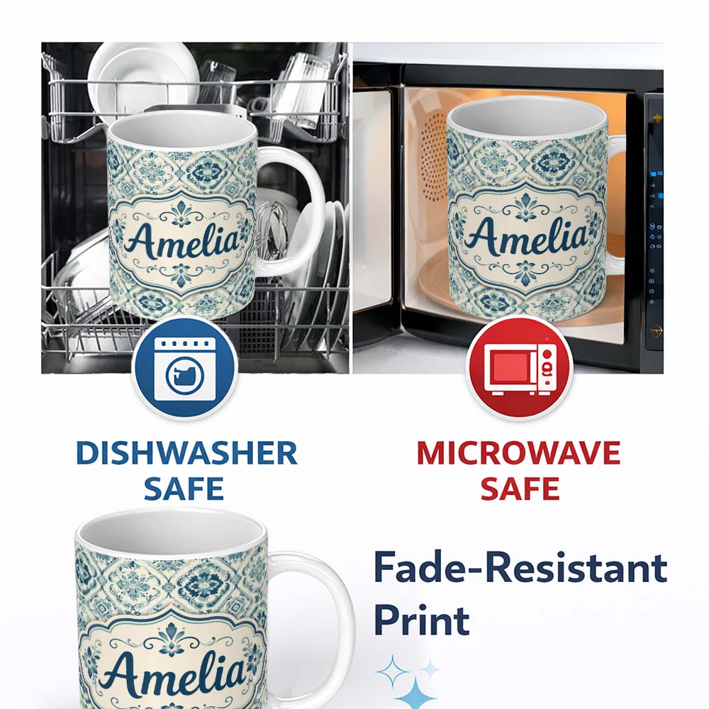 Personalized Custom Name Classic Floral Tile Pattern Blue Cream Traditional Seamless Pattern 11oz Ceramic Coffee Tea Mug White Large Handle