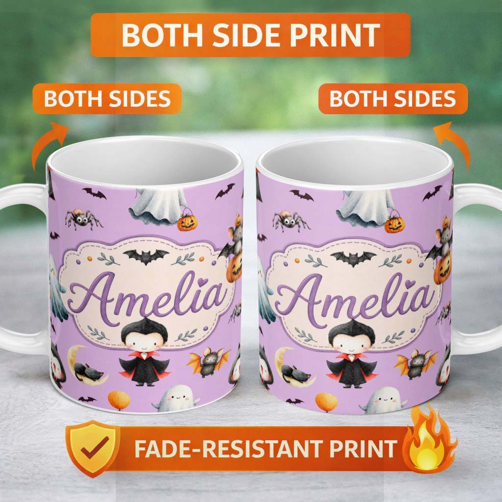 Personalized Custom Name Halloween Vampire Ghost Bat Spooky Character Purple Seamless 11oz Ceramic Coffee Tea Mug White Large Handle
