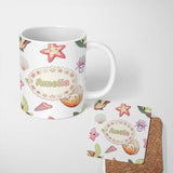 Personalized Custom Name Cute Sea Turtle Starfish Shell Kawaii Ocean Pattern Light Grey 11oz Ceramic Coffee Tea Mug White Large Handle
