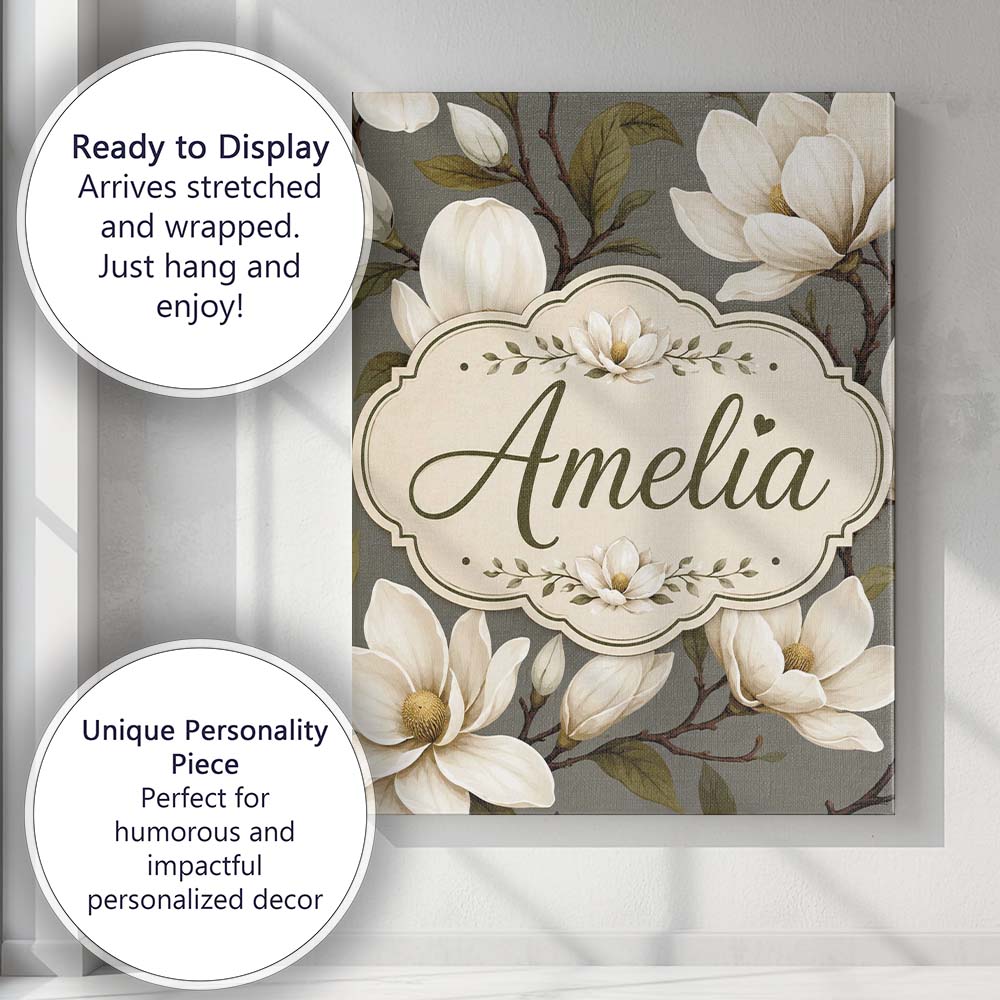 Personalised Name Classic Magnolia Blossoms Custom  Bespoke Interior Contemporary Canvas Wall Art Print Decor Picture Ready to Hang
