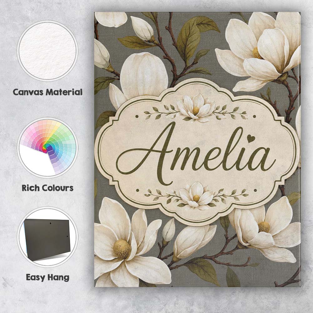 Personalised Name Classic Magnolia Blossoms Custom  Bespoke Interior Contemporary Canvas Wall Art Print Decor Picture Ready to Hang