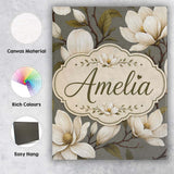 Personalised Name Classic Magnolia Blossoms Custom  Bespoke Interior Contemporary Canvas Wall Art Print Decor Picture Ready to Hang
