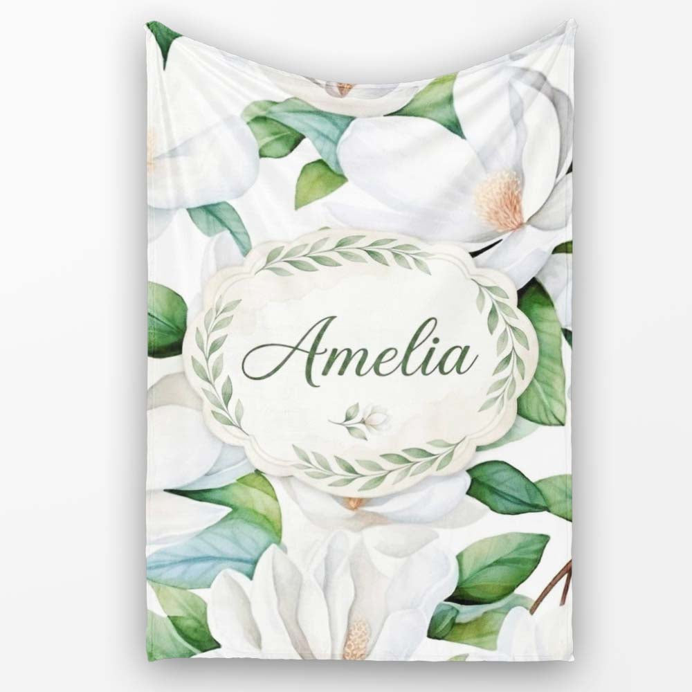 Soft White Magnolia Flowers and Green Leaves Seamless Pattern Lovely  Personalised Custom Name Super Soft Fleece Blanket Bed Sofa Throw