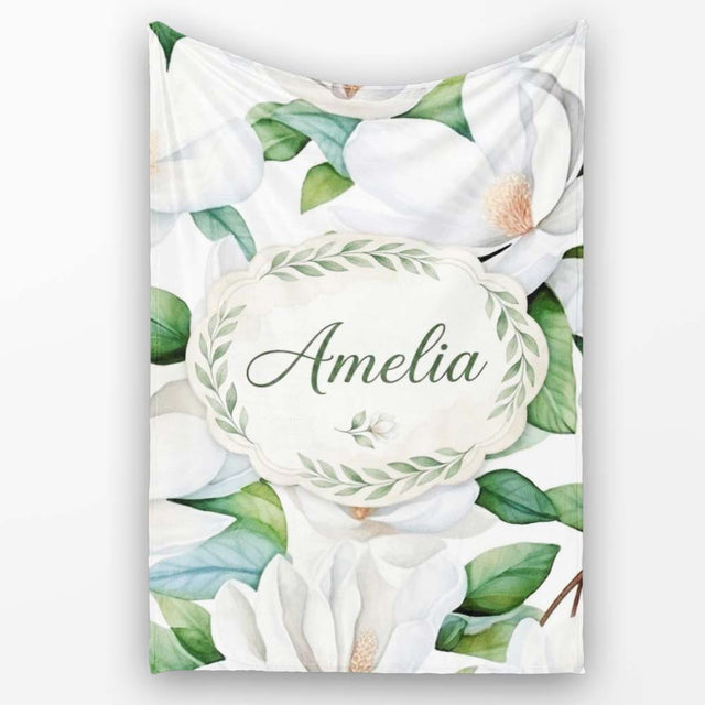 Soft White Magnolia Flowers and Green Leaves Seamless Pattern Lovely  Personalised Custom Name Super Soft Fleece Blanket Bed Sofa Throw