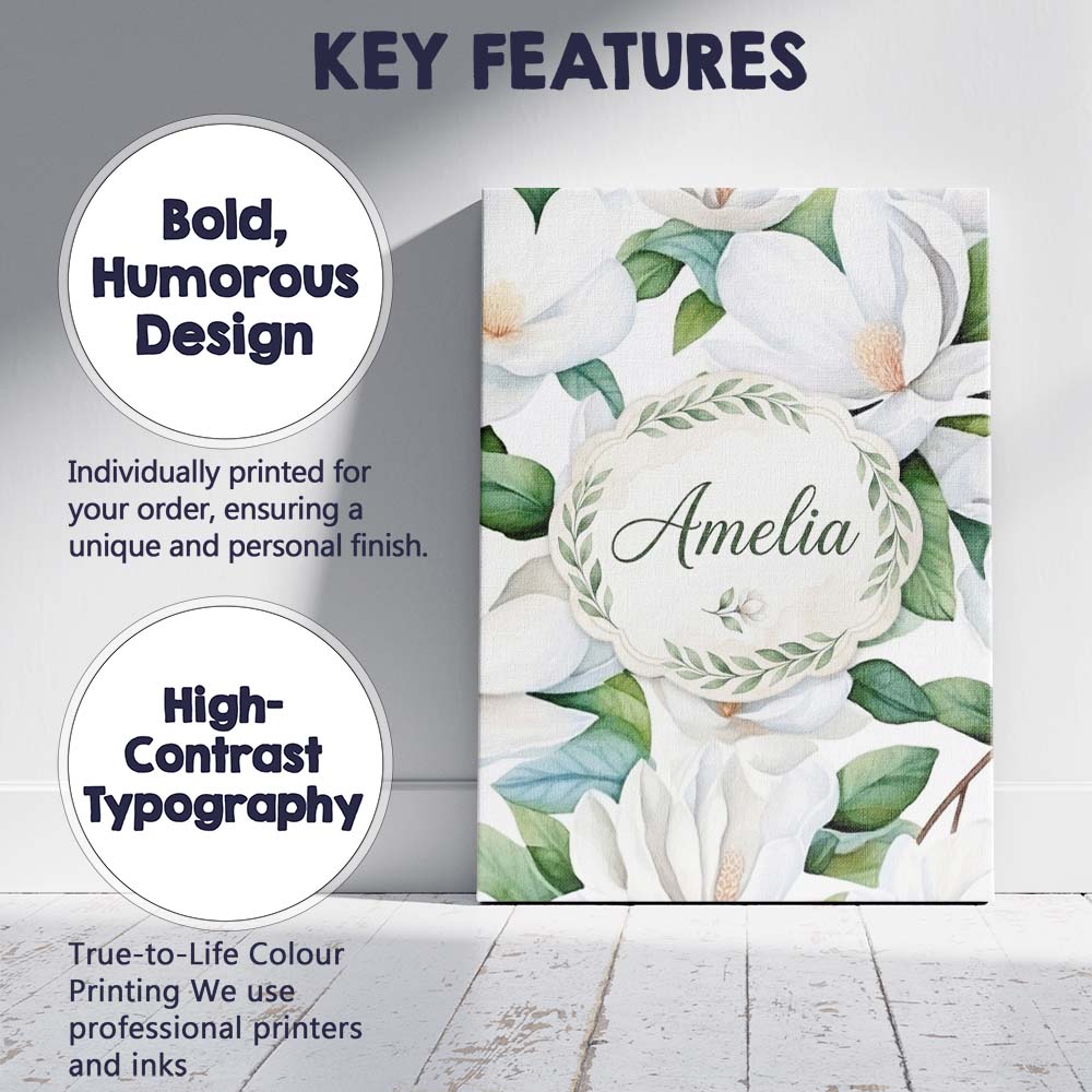 Personalised Name Soft White Magnolia Custom Modern Room Accent Creative Decorator Style Canvas Wall Art Print Decor Picture Ready to Hang