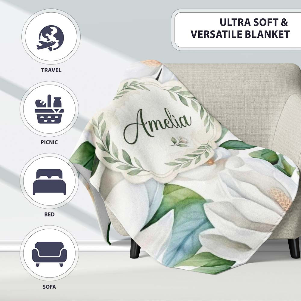 Soft White Magnolia Flowers and Green Leaves Seamless Pattern Lovely  Personalised Custom Name Super Soft Fleece Blanket Bed Sofa Throw