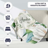 Soft White Magnolia Flowers and Green Leaves Seamless Pattern Lovely  Personalised Custom Name Super Soft Fleece Blanket Bed Sofa Throw