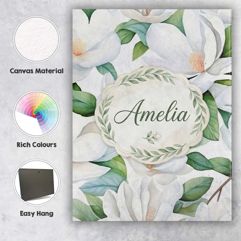 Personalised Name Soft White Magnolia Custom Modern Room Accent Creative Decorator Style Canvas Wall Art Print Decor Picture Ready to Hang