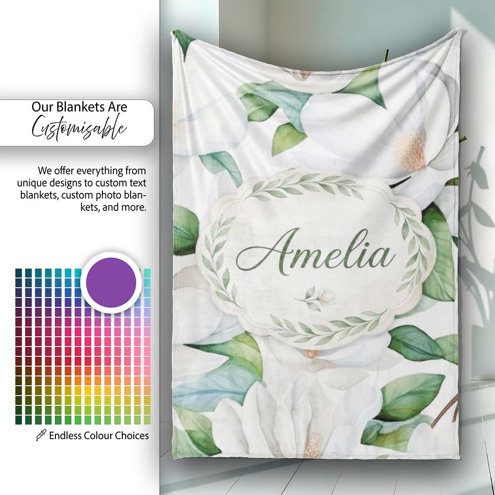 Soft White Magnolia Flowers and Green Leaves Seamless Pattern Lovely  Personalised Custom Name Super Soft Fleece Blanket Bed Sofa Throw