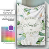 Soft White Magnolia Flowers and Green Leaves Seamless Pattern Lovely  Personalised Custom Name Super Soft Fleece Blanket Bed Sofa Throw