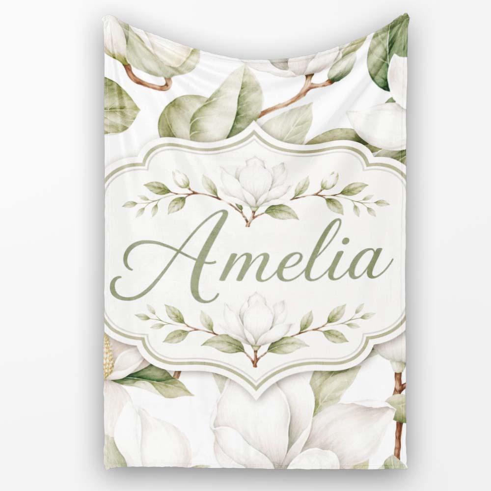 Delicate Magnolia Bloom Pattern with Soft Botanical Leaves Seamless  Personalised Custom Name Super Soft Fleece Blanket Bed Sofa Throw