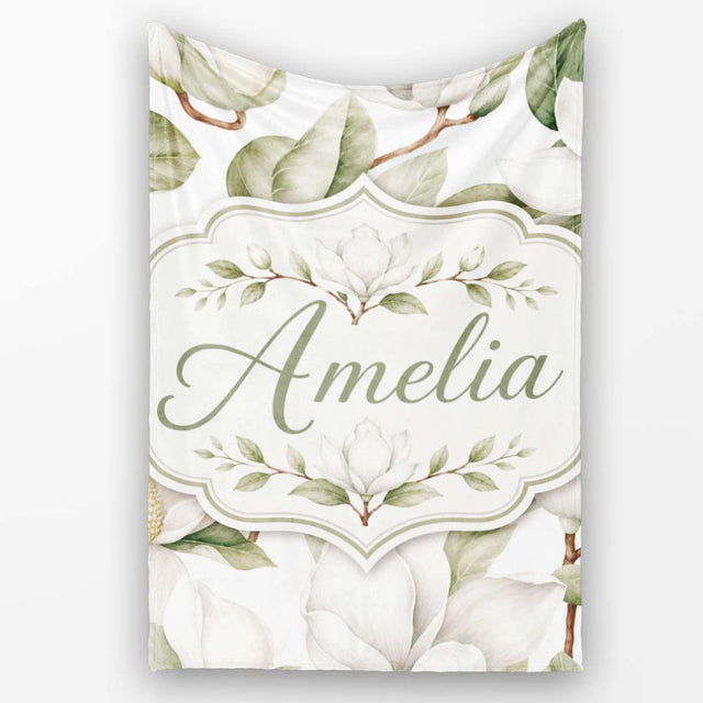 Delicate Magnolia Bloom Pattern with Soft Botanical Leaves Seamless  Personalised Custom Name Super Soft Fleece Blanket Bed Sofa Throw