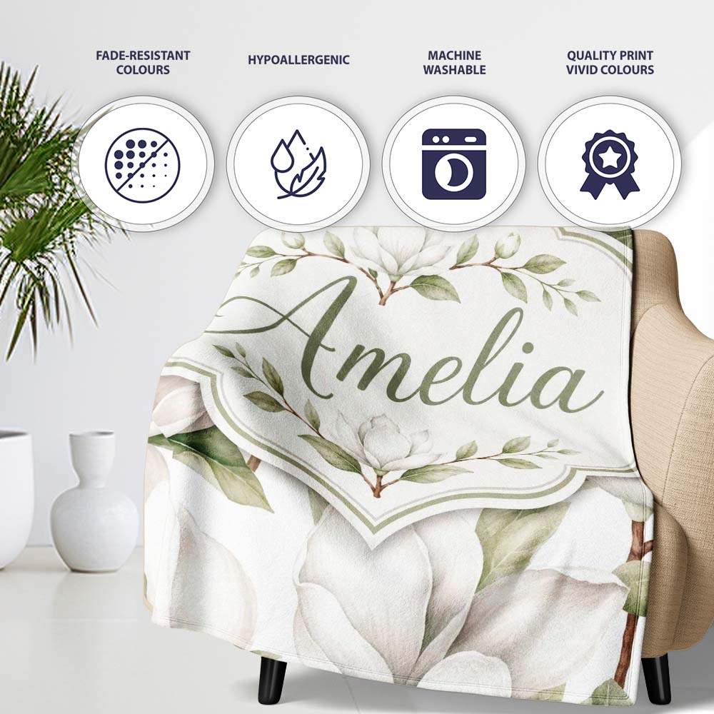 Delicate Magnolia Bloom Pattern with Soft Botanical Leaves Seamless  Personalised Custom Name Super Soft Fleece Blanket Bed Sofa Throw