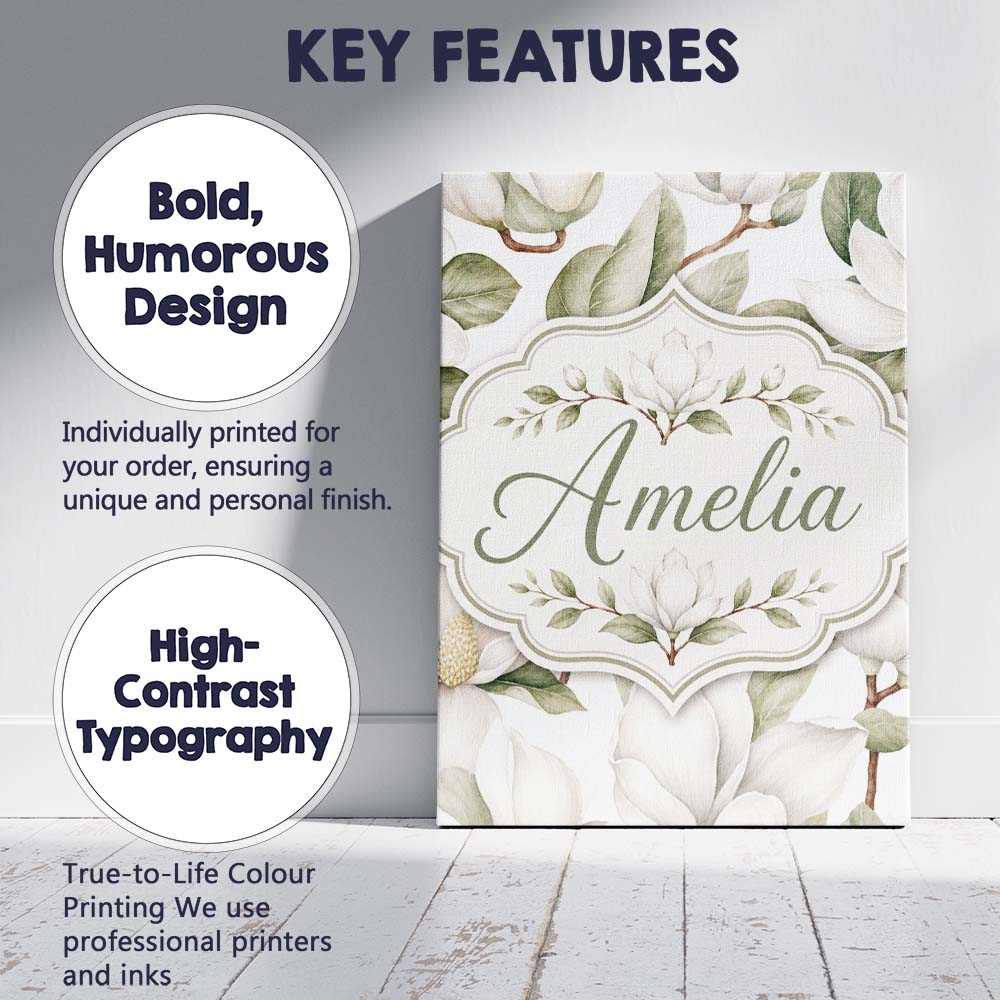 Personalised Name Delicate Magnolia Bloom Custom  Unique Gift Idea Elegant Feature Canvas Wall Art Print Decor Picture Ready to Hang