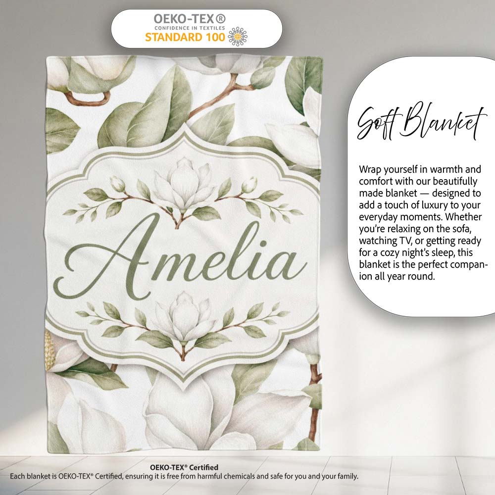 Delicate Magnolia Bloom Pattern with Soft Botanical Leaves Seamless  Personalised Custom Name Super Soft Fleece Blanket Bed Sofa Throw