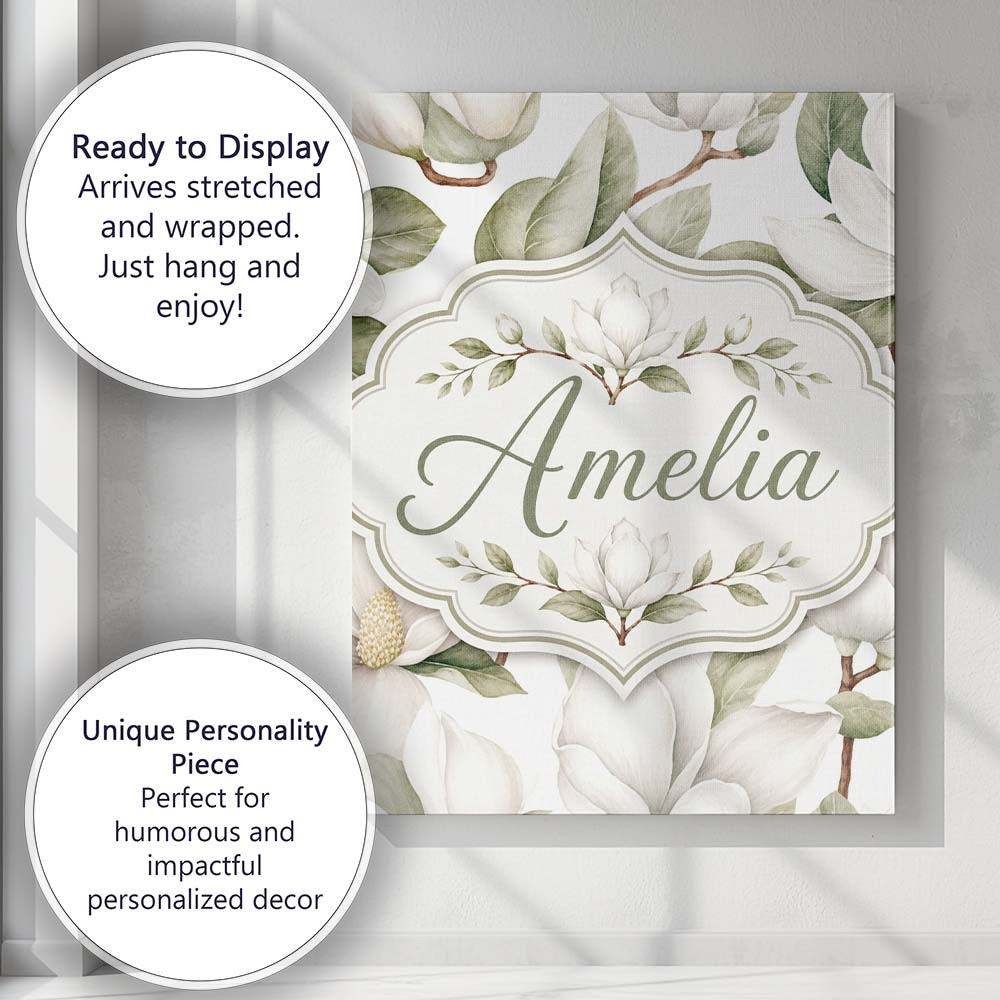 Personalised Name Delicate Magnolia Bloom Custom  Unique Gift Idea Elegant Feature Canvas Wall Art Print Decor Picture Ready to Hang