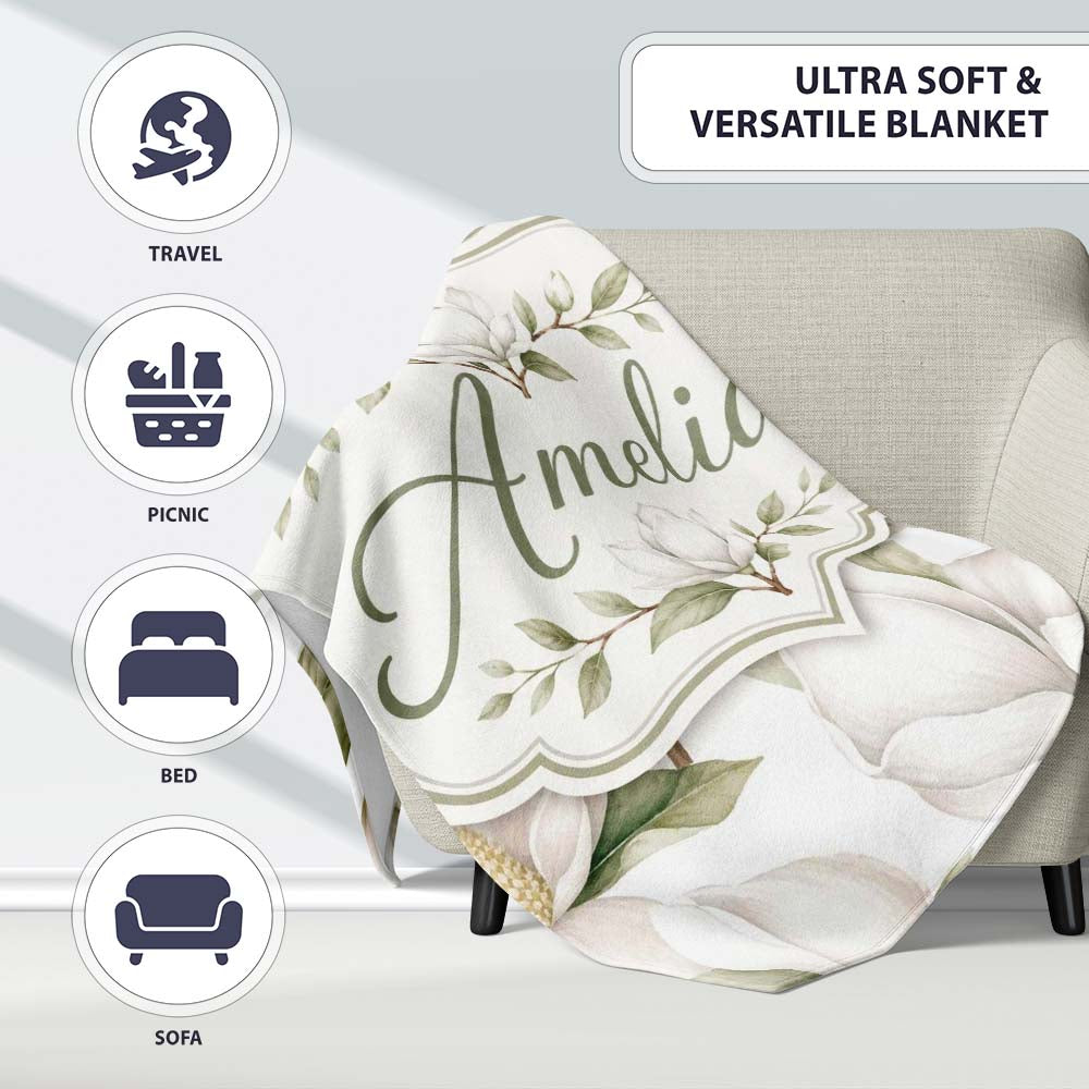 Delicate Magnolia Bloom Pattern with Soft Botanical Leaves Seamless  Personalised Custom Name Super Soft Fleece Blanket Bed Sofa Throw